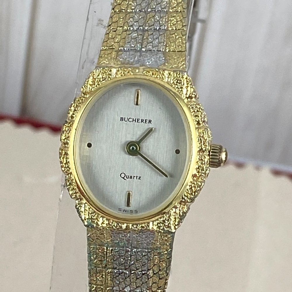 Vintage 1980's Bucherer Ladies Quartz Watch 2 Tone 18K White and Gold Plated